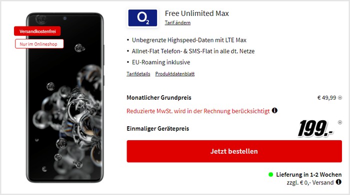 Samsung Galaxy S20 Ultra 5G + o2 Free Unlimited Max bei MediaMarkt