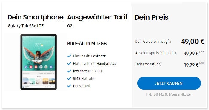 Samsung Galaxy Tab S5e LTE + o2 Blue All-In M im Samsung Online-Shop