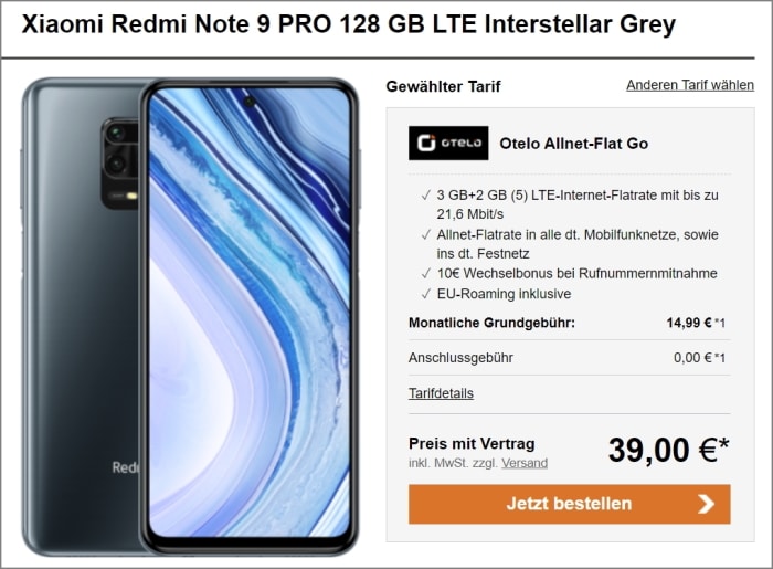 Xiaomi Redmi Note 9 Pro zur otelo Allnet-Flat Go bei LogiTel