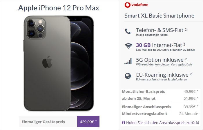 Iphone 12 Pro Max Vertrag Vodafone iPhone 12 Pro Max + Vodafone Smart XL (5G) ab eff. 9,24 € im Monat
