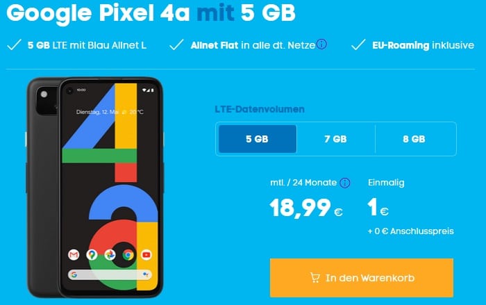 Google Pixel 4a mit Blau Allnet L 5 GB LTE bei Blau