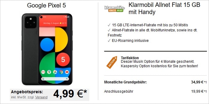 Google Pixel 5 zur klarmobil Allnet-Flat 15 GB LTE bei LogiTel