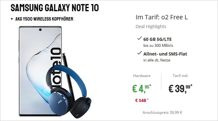 Samsung Galaxy Note 10 mit AKG Headset zum o2 Free L bei Sparhandy