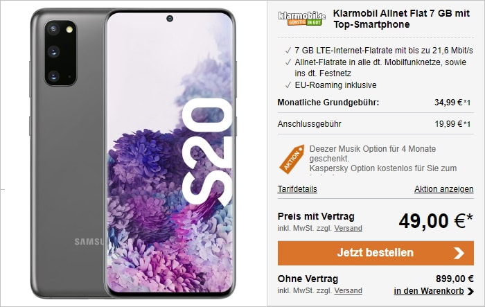 Samsung Galaxy S20 + klarmobil Allnet Flat bei LogiTel