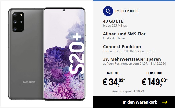 Samsung Galaxy S20 Plus + o2 Free M Boost bei Sparhandy