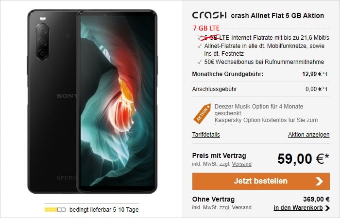 Sony Xperia 10 II + crash Allnet Flat bei LogiTel