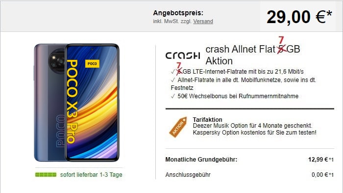 Xiaomi Poco X3 NFC + crash Allnet Flat 7 GB (Vodafone-Netz) bei LogiTel