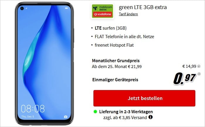 Huawei P40 lite mit green LTE 3 GB im Vodafone-Netz bei MediaMarkt