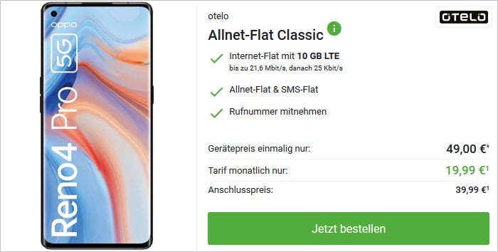 Oppo Reno 4 Pro 5G mit otelo Allnet Flat Classic bei DeinHandy