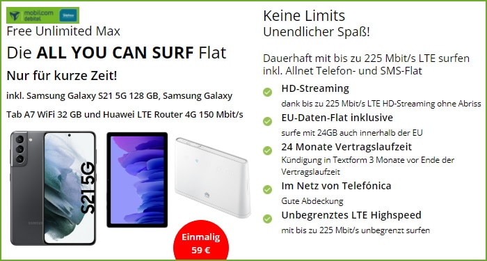 Samsung Galaxy S21 inkl. Zugaben mit mobilcom-debitel Free Unlimited Max bei modeo