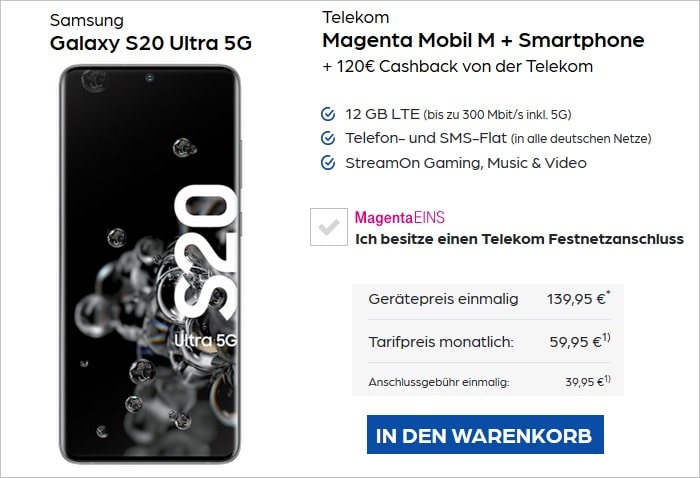 Samsung Galaxy S20 Ultra 5G mit Cashback zum Telekom MagentaMobil M bei Preisboerse24