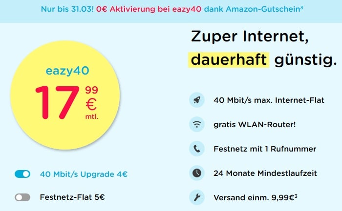 Eazy Gunstigste Kabel Internet Flat Bis 40 Mbit S Ab 13 99 Mtl