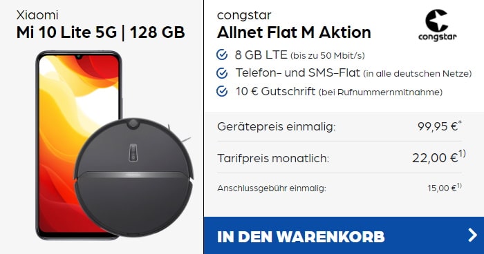 Xiaomi Mi 10 Lite 5G + Xiaomi Roborock E4 + congstar Allnet Flat M bei Preisboerse24