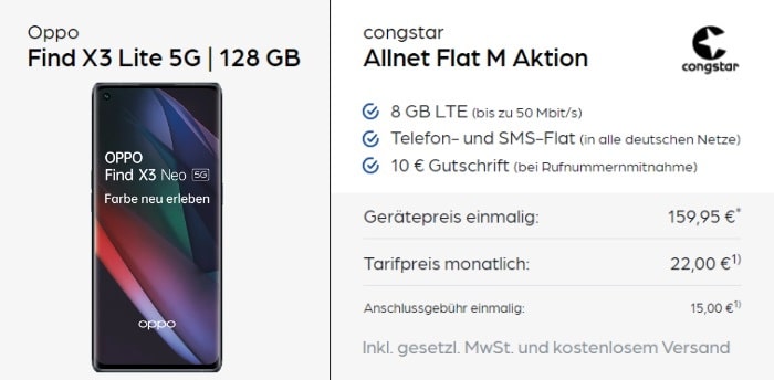 Oppo Find X3 Lite 5G + congstar Allnet Flat M bei Preisbierse24
