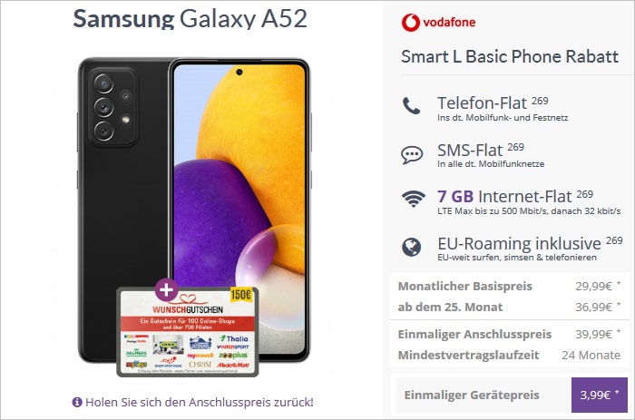 Samsung Galaxy A52 mit Zugabe zum Vodafone Smart L mit 7 GB LTE bei FLYmobile