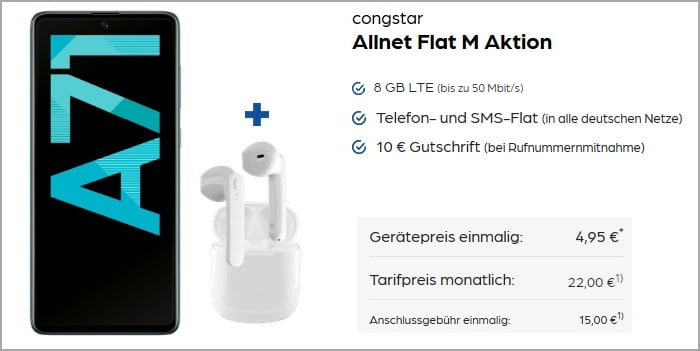 Samsung Galaxy A71 mit SkyPods Lite zur congstar Allnet Flat M More4More-Aktion bei Preisboerse24