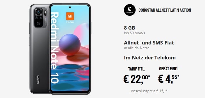 Xiaomi Redmi Note 10 mit congstar Allnet Flat M bei Sparhandy