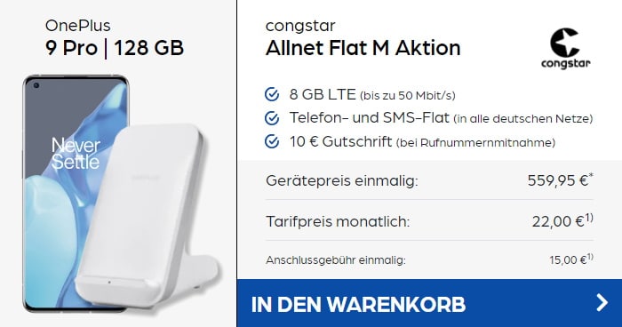 OnePlus 9 Pro + OnePlus Warp Charge 50W Wireless Charger + congstar Allnet Flat M bei Preisboerse24