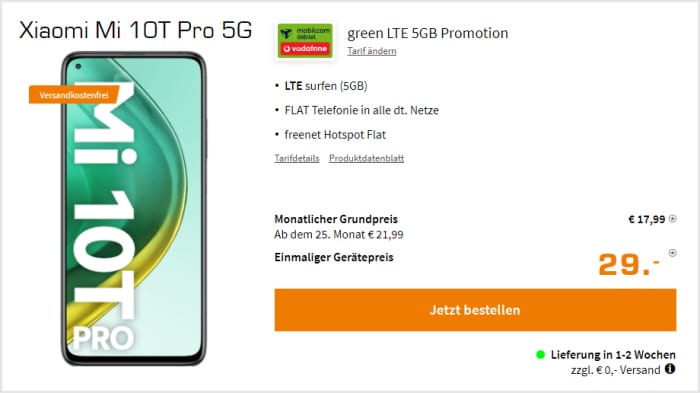 Xiaomi Mi 10T Pro + mobilcom-debitel green LTE (Vodafone-Netz) bei Saturn