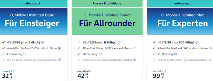 o2 Unlimited Tarife in der Übersicht