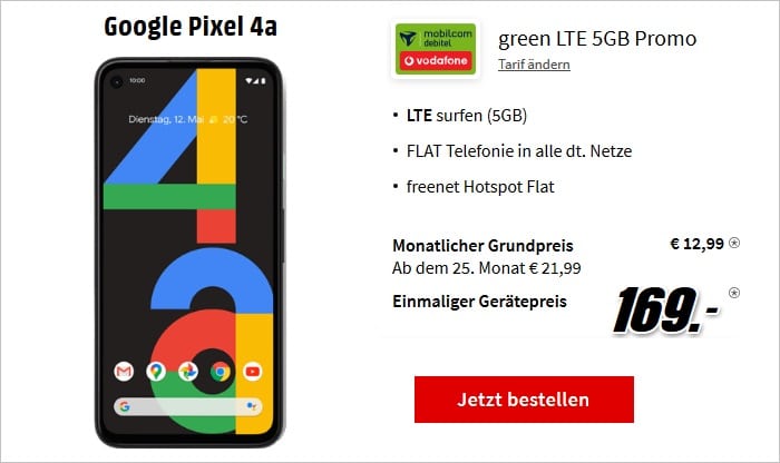 Google Pixel 4a + md green LTE 5 GB im Vodafone-Netz bei MediaMarkt