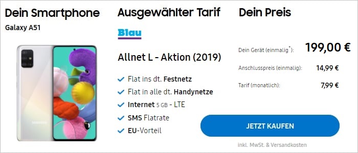 Samsung Galaxy A51 + Blau Allnet L mit 5 GB LTE bei Samsung