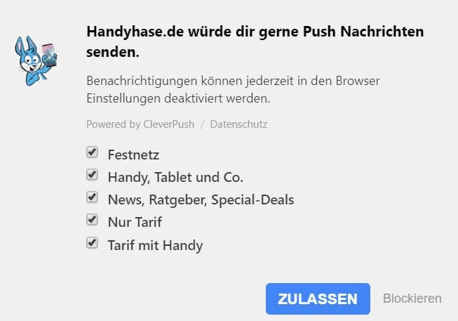 Handyhase Push Benachrichtigungen Deal-Alarm