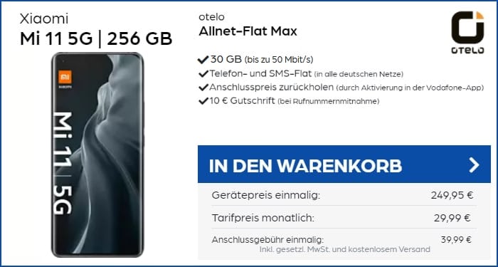 Xiaomi Mi 11 5G mit otelo Allnet-Flat Max 30 GB Aktion bei PB24