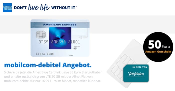 mobilcom-debitel green LTE 20 GB Flex inkl. AMEX & 50 € Amazon-Gutschein