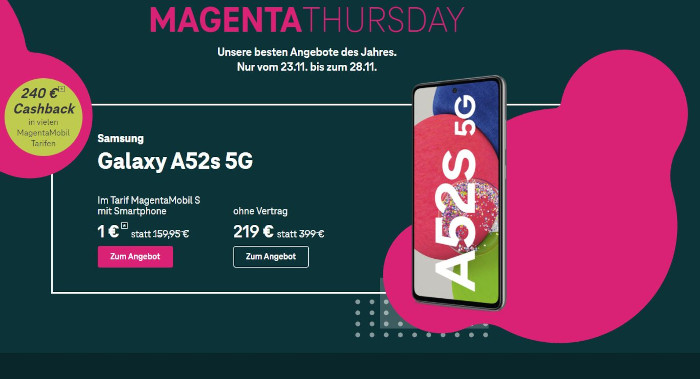 Das Samsung Galaxy A52s 5G zum unschlagbaren Preis (Bildquelle: Telekom)