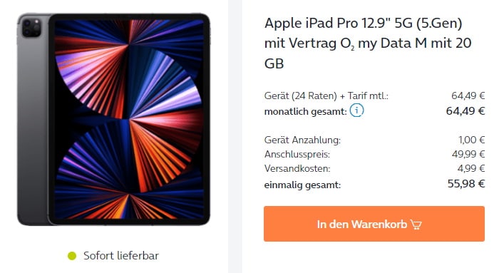 Deal mit Apple iPad Pro 12.9 (2021) mit o2 my Data M für Vielsurfer