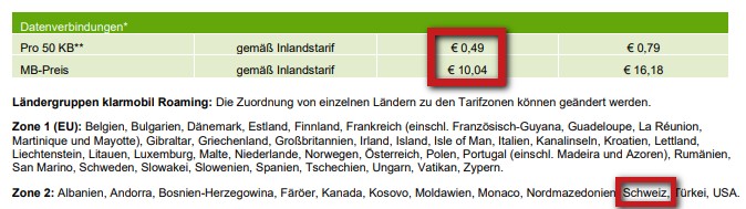 Klarmobil Schweiz-Roaming Klarmobil Schweiz-Roaming