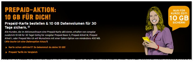 congstar Gratis-Datenvolumen als Prepaid-Aktion