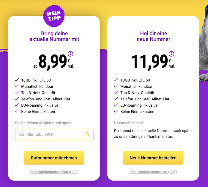 SIMon mobile Tarife mit Nummer und ohne