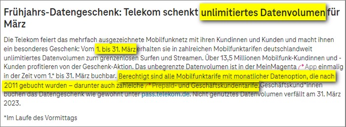 Telekom Unlimited Datenvolumen gratis als März-Aktion Telekom Unlimited Datenvolumen gratis als März-Aktion