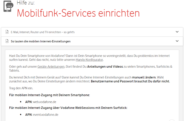 Vodafone APN Einstellungen
