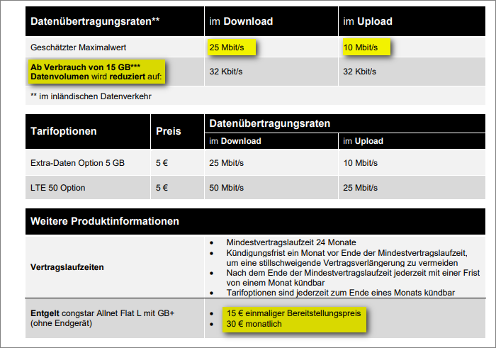 congstar Produktinformationsblatt congstar Produktinformationsblatt