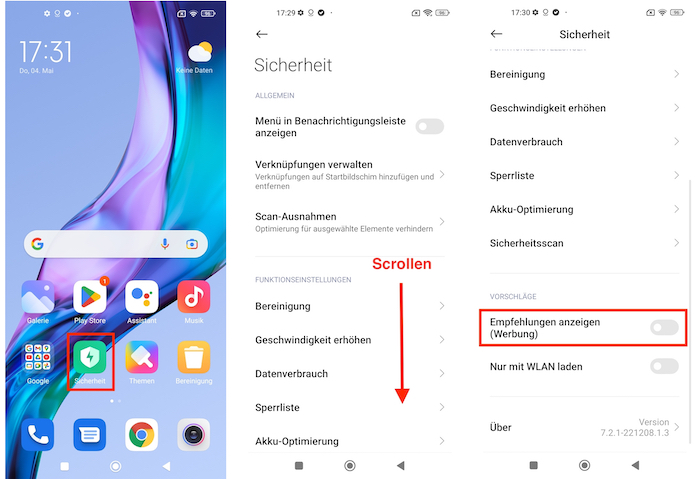Xiaomi MIUI Sicherheit personalisierte Werbung deaktivieren