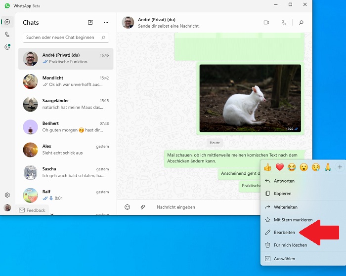 Bearbeitungsfunktion in WhatsApp Windows