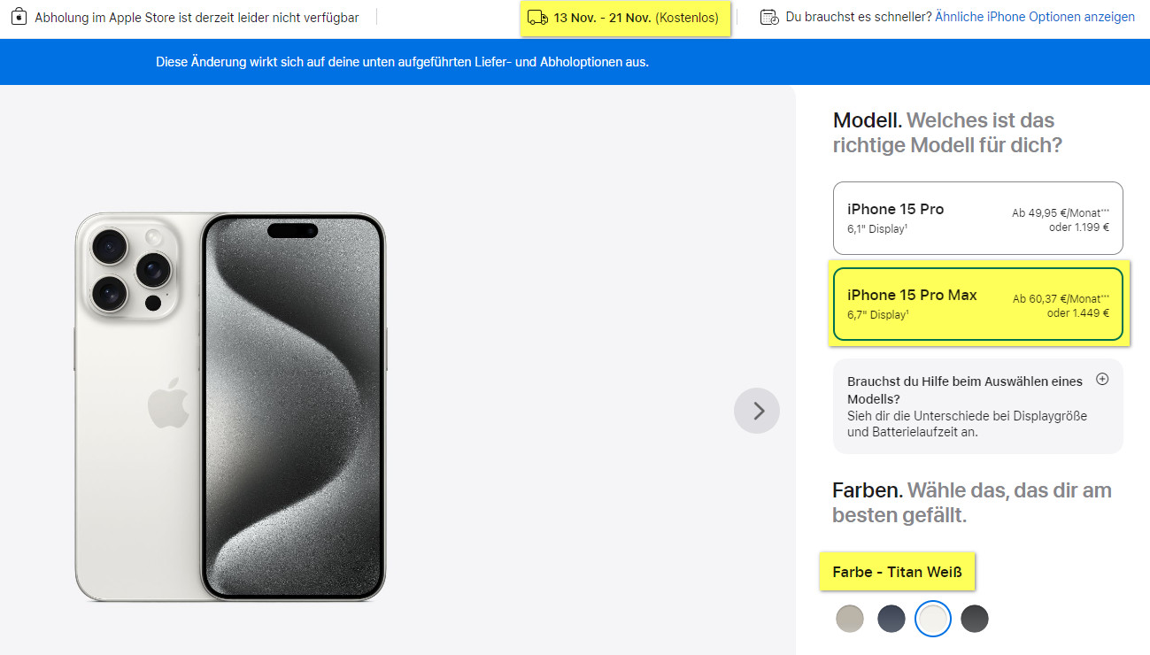 Auch in Deutschland ist das iPhone 15 Pro Max kaum verfügbar - Lieferzeiten bis in den November sind mittlerweile absehbar