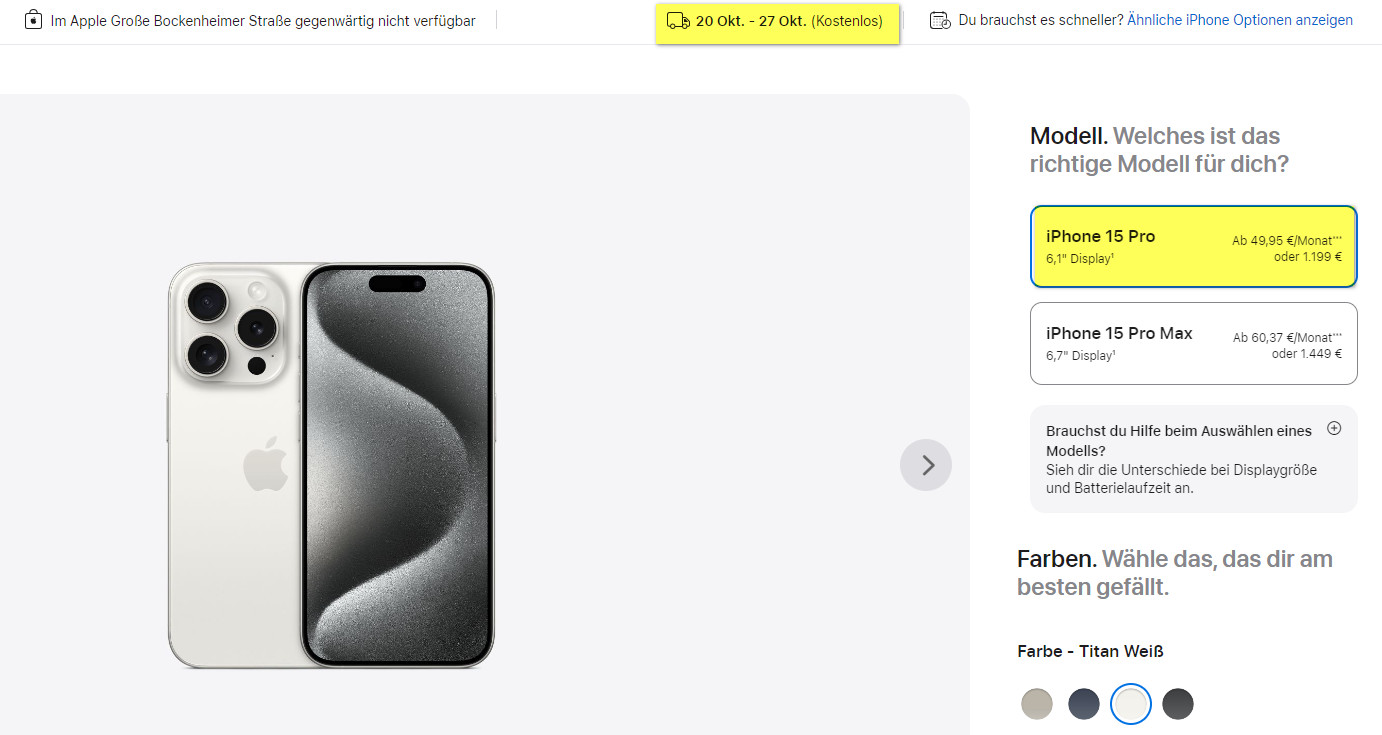 iPhone 15 Pro Wartezeit Ende Oktober