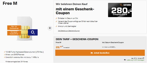 o2 Free M mit 280 € Gutschein bei Saturn