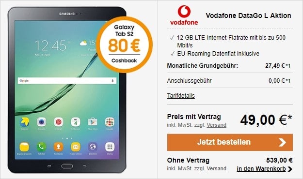 Samsung Galaxy Tab S2 9.7 LTE + Vodafone DataGo L bei Handyflash
