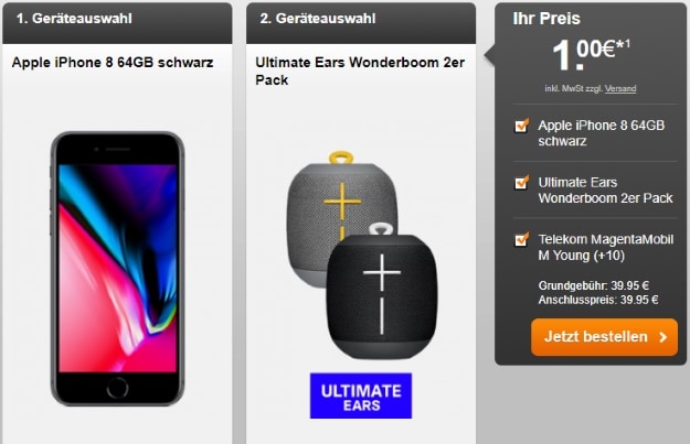 Apple iPhone 8 64GB + 2x UE Wonderboom + Telekom Magenta Mobil M Young bei Handyflash