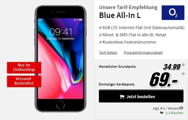 Apple iPhone 8 64GB + o2 Blue All-in L bei MediaMarkt