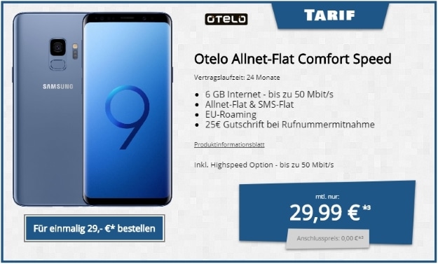 Samsung Galaxy S9 DUOS + otelo Allnet-Flat Comfort Speed bei Tophandy