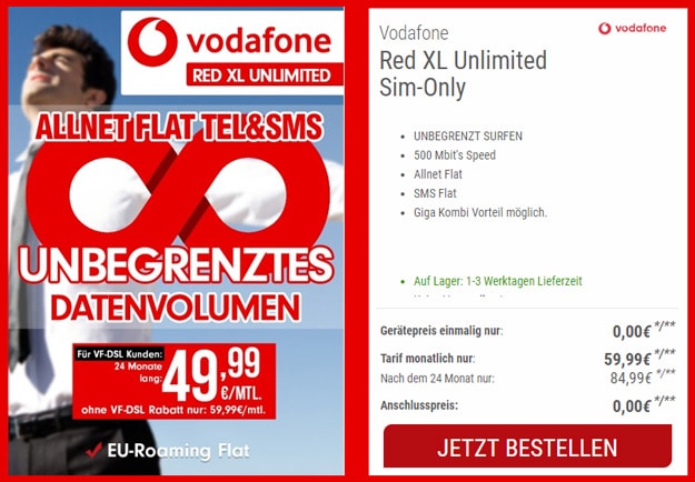 Vodafone Red XL Unlimited für 79,99 € pro Monat (Allnet- & SMS-Flat, unbegrenztes LTE-Datenvolumen)