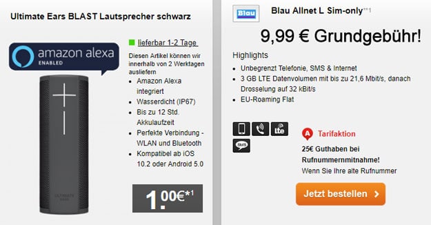 Top! Blau Allnet L ab eff. 5,45 € mtl. (Allnet-Flat, SMS-Flat, 3 GB LTE, o2-Netz) + gratis Bluetooth-Lautsprecher