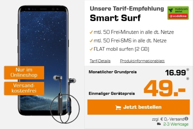 Samsung Galaxy S8 + Sennheiser-Headset + Vodafone Smart Surf (mobilcom-debitel) bei Saturn