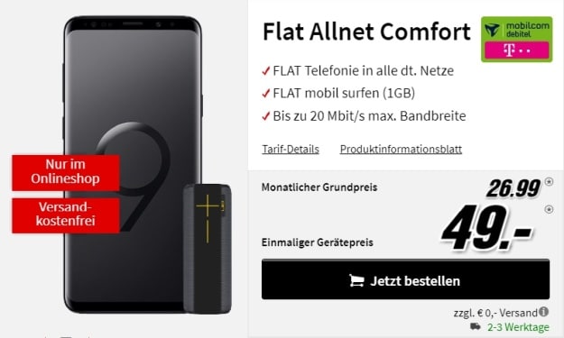 Samsung Galaxy S9 Plus + Ultimate Ears Megaboom Panther + mobilcom-debitel Flat Allnet Comfort (Telekom-Netz) bei MediaMarkt